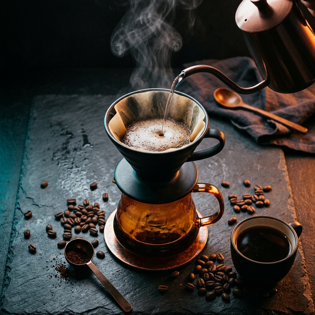 Pour-Over Kaffeezubereitung auf dunkler Oberfläche
