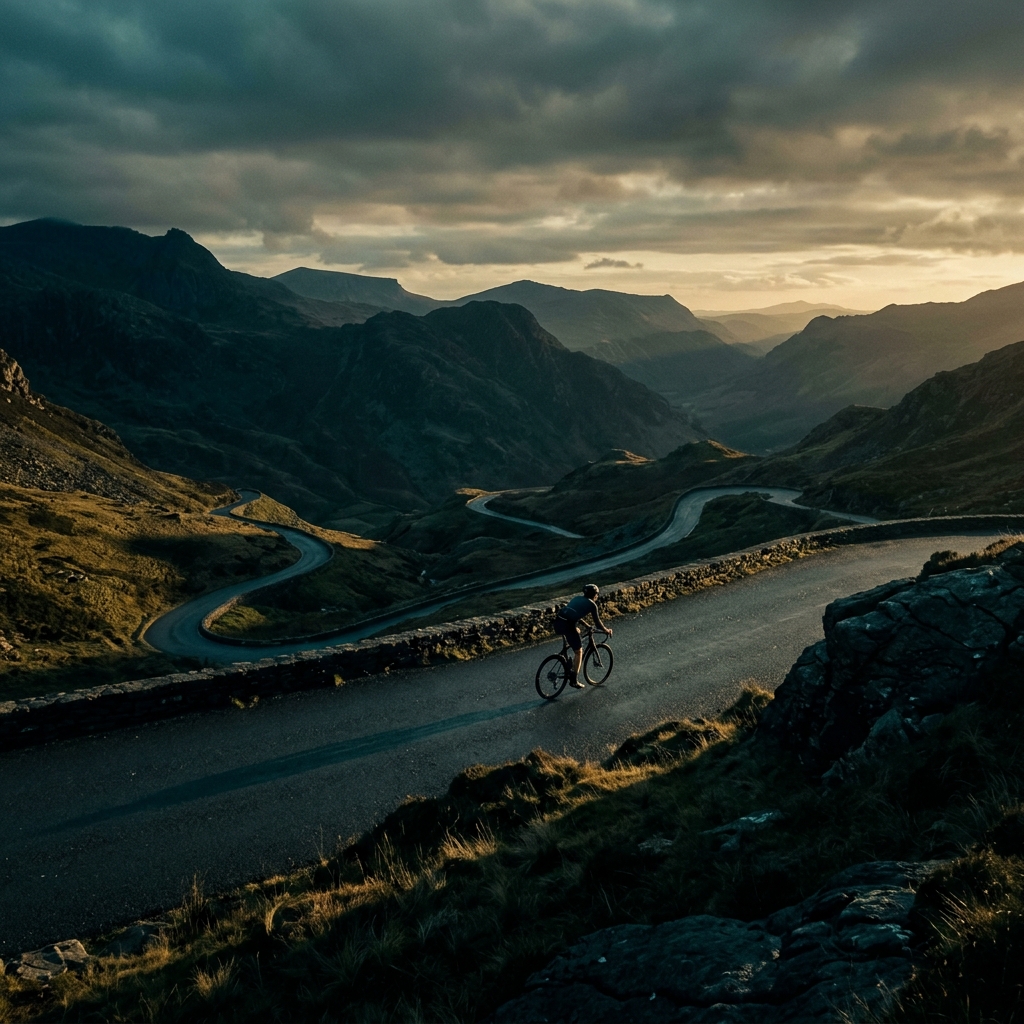 Rennrad auf einer Bergstraße bei Sonnenuntergang