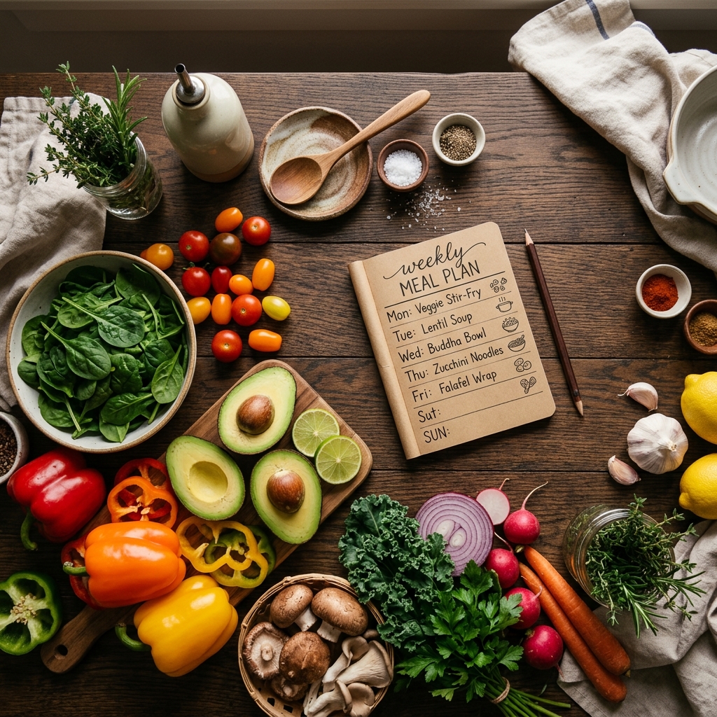 Frische vegetarische Zutaten auf dunklem Holztisch