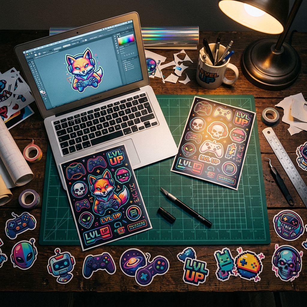 Sticker-Werkstatt mit Designs und Cutter